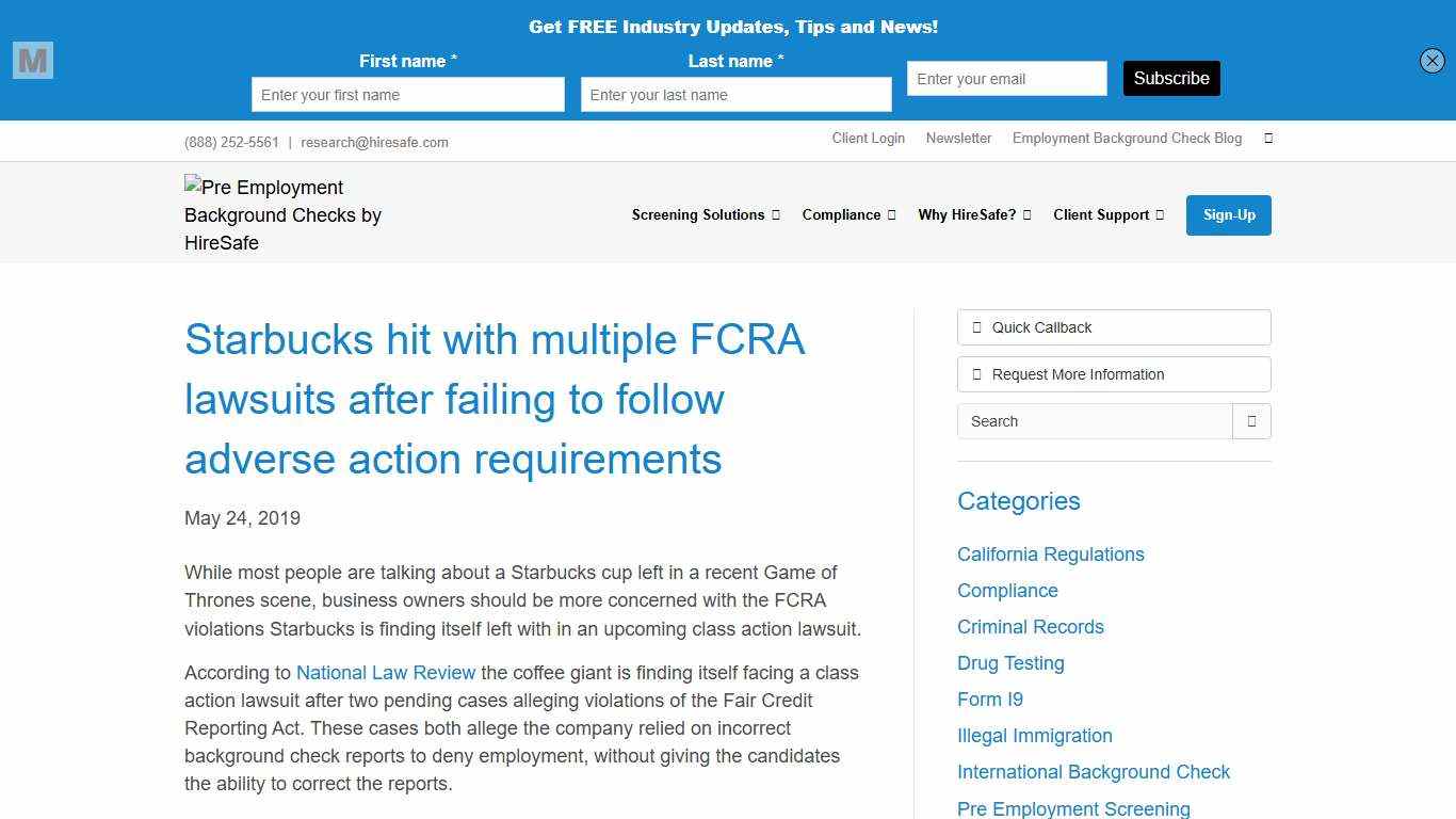 Starbucks hit with multiple FCRA lawsuits after failing to follow adverse action requirements Pre Employment Background Checks by HireSafe